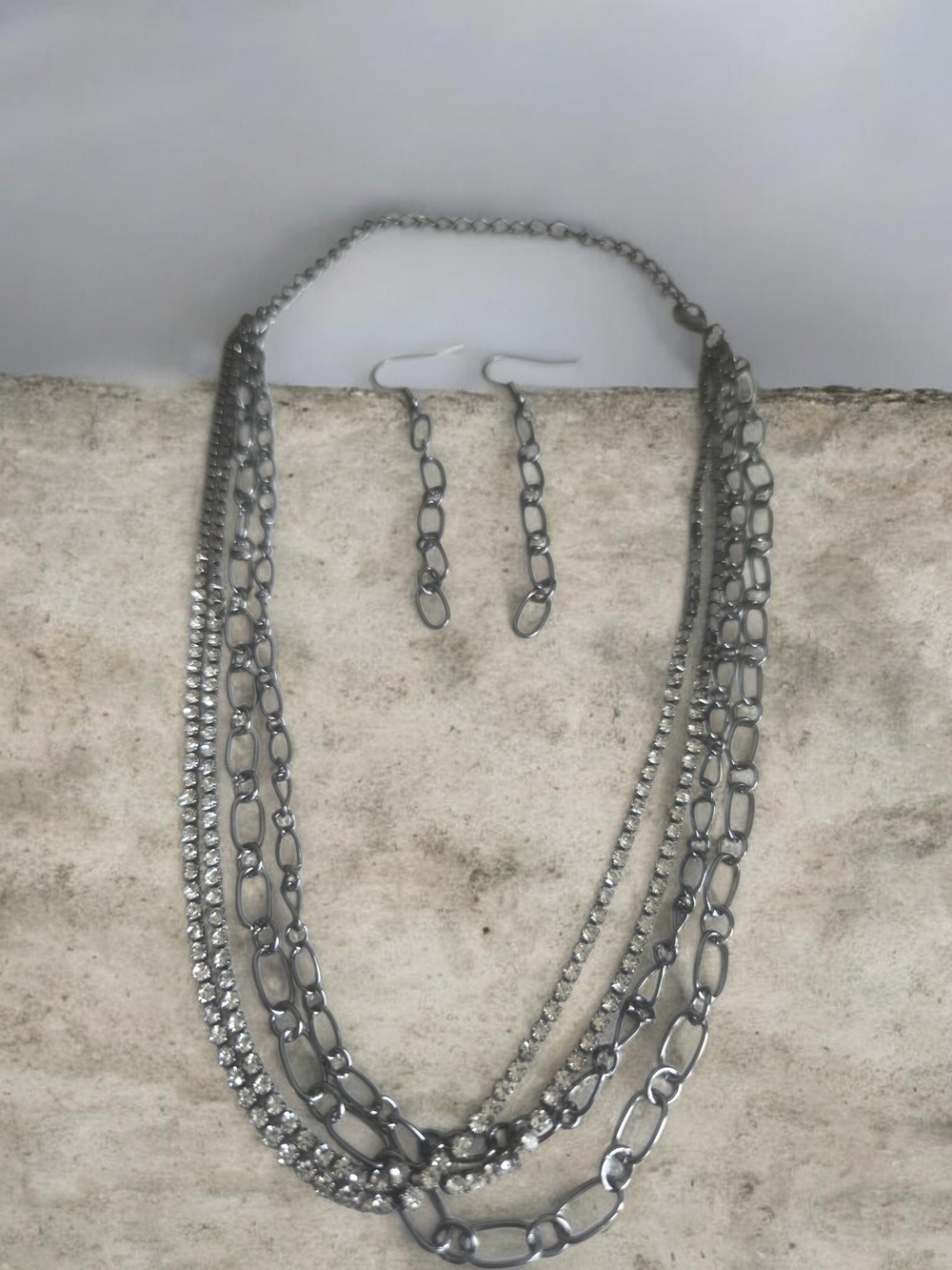 Layered Silver Chain Necklace and Earrings Set